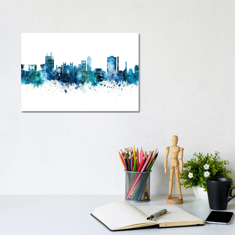 Ann Arbor Michigan Skyline Blue Teal by Michael Tompsett - Wrapped Canvas Painting, 20.32 cm H x 30.48 cm W