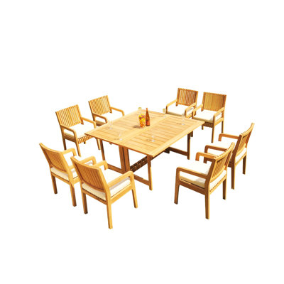 8 Seats 9 Pcs Grade-A Teak Wood Dining Set: 60" Square Rectangle Butterfly Table And 8 Maldives Arm Chairs