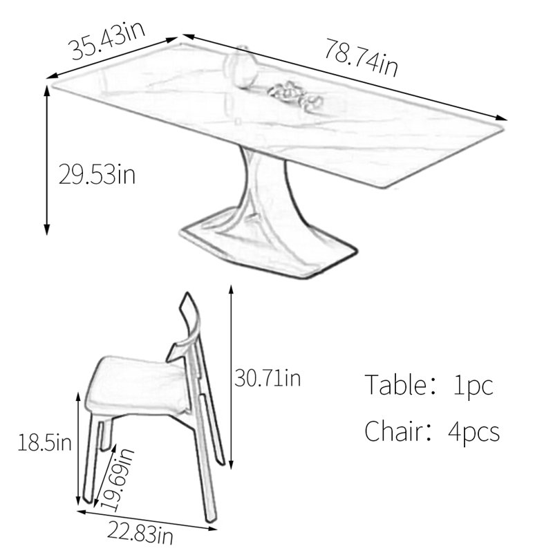 Rectangle sintered stone simple dining table set, 29.53"H x 78.74"L x 35.43"W
