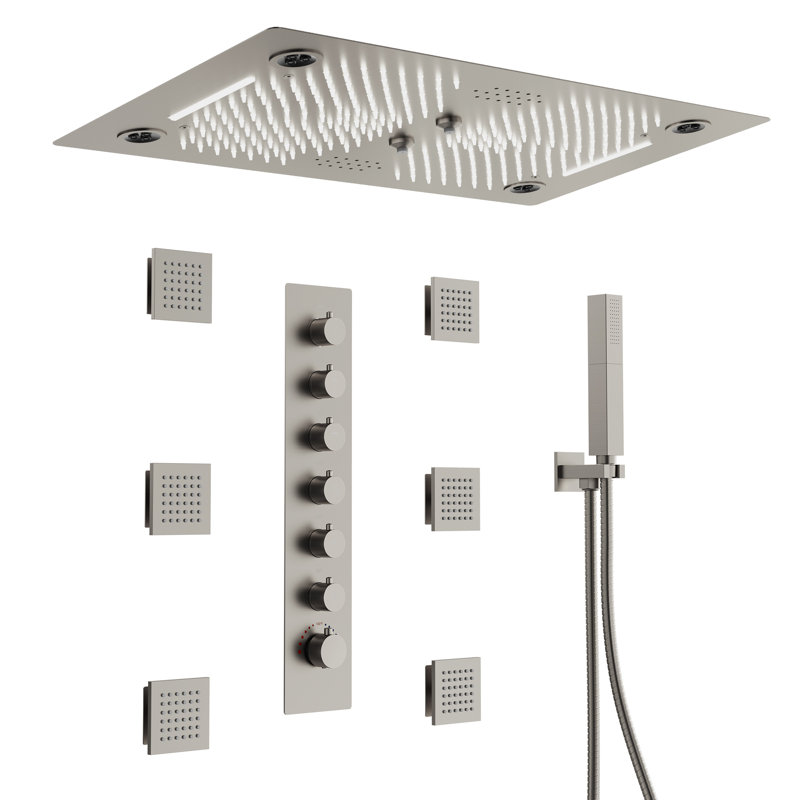 Système de douche thermostatique à DEL de 71 cm (28 po) à montage au plafond, avec pommeau de douche à 4 modes, 6 jets corporels et douchette à main.