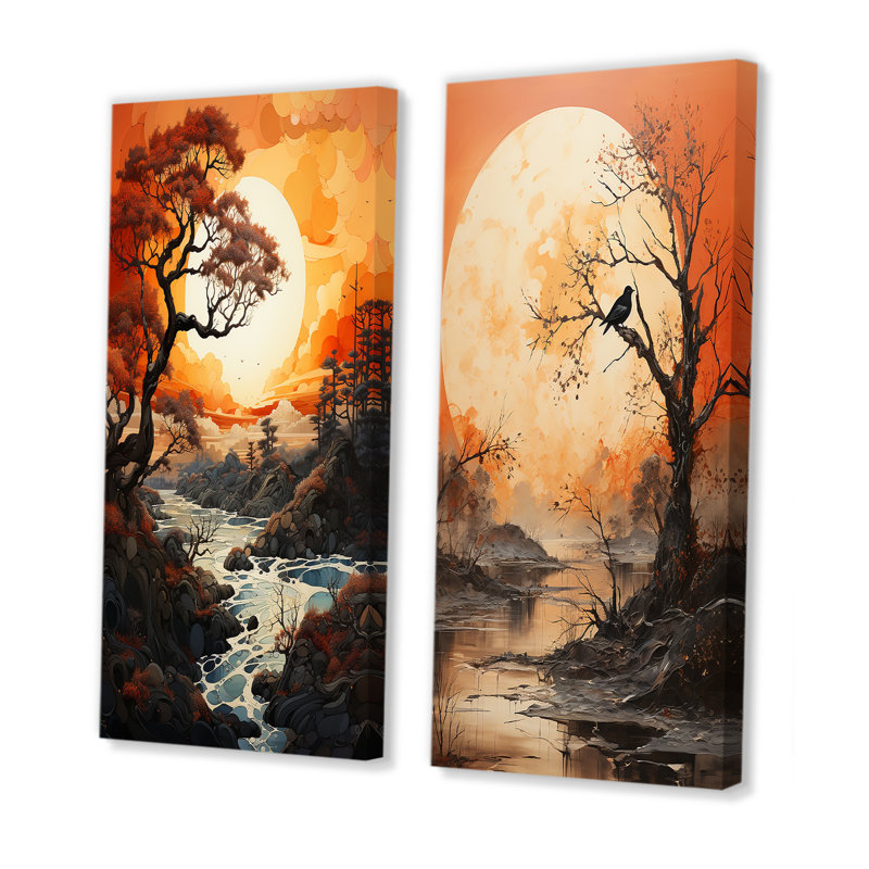 «Tree Orange Moon Silhouette», 2 pièces, H 24 po x l 20 po, Toile tendue