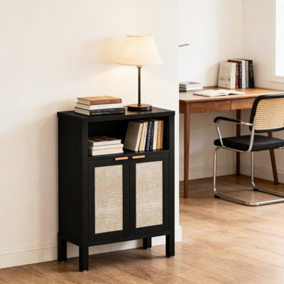 Nordic Style Buffet Cabinet With Element And Golden Handles, Open Compartment Adjustable Shelf, Raised Legs Modern Kitchen Coffee Bar Storage - Tipping Strap Included