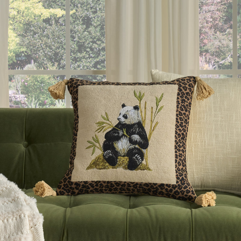 Mina Victory Vintage Pillow Panda 20" x 20" Beige Indoor Throw Pillow