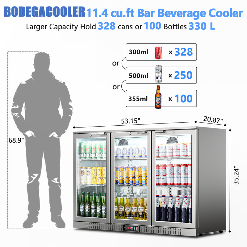 Bodegacooler 3-door Back Bar Beverage Refrigerator – 11.4 Cu.ft Commercial Counter-height Cooler With Led Display For Beer, Wine & Soda