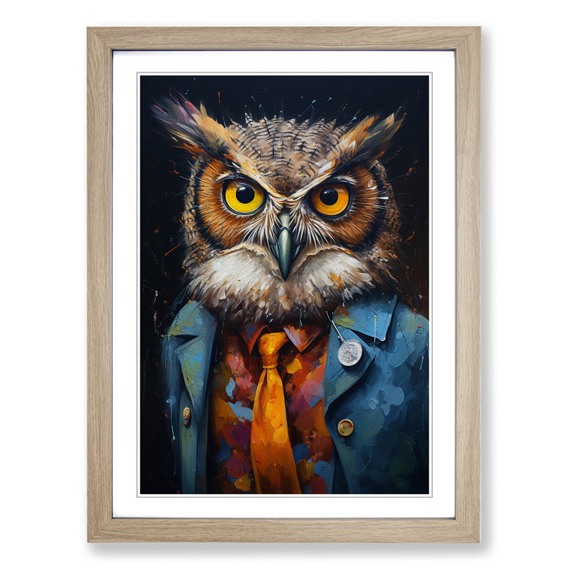 Owl With Glasses Painting - Single Picture Frame Print on Wood, 46cm H x 34cm W x 2cm D, Oak Framed
