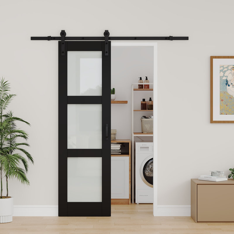 Panneau de porte pré-assemblé, porte de grange coulissante en verre trempé givré en bois massif avec finition noire, Standard