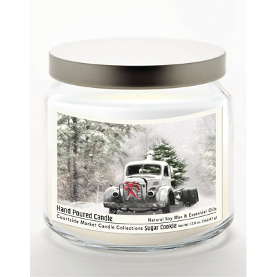 Bougie en pot de verre de 400 g (14 oz) avec couvercle en métal argenté brossé, motif de camion de Noël enneigé