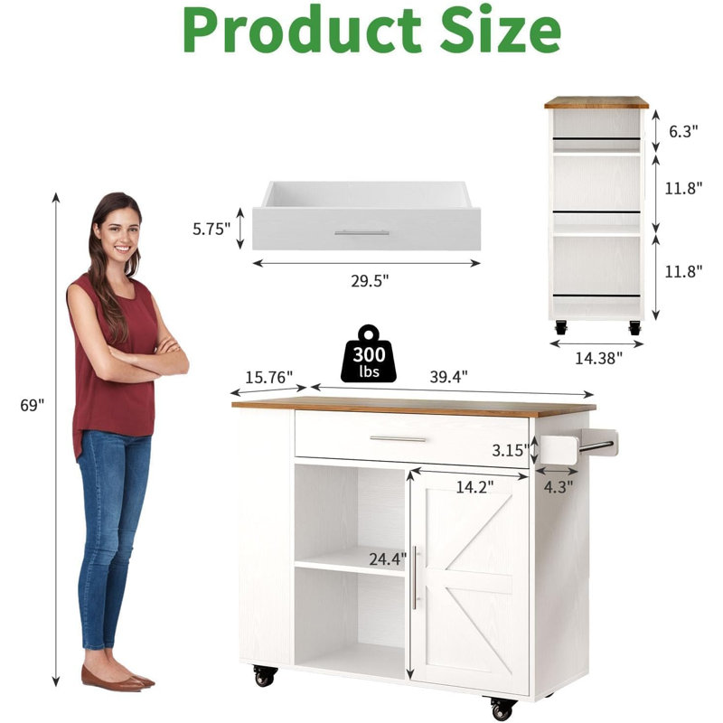 Island Table for Kitchen,Rolling Microwave Cart with Storage , White