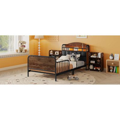 Lit plateforme simple en métal avec tête de lit tapissier, lattes de 21 pièces et bande à DEL, lumières noires, coins arrondis à 3 tablettes de rangement,