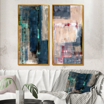 «Blue Meets Beige Abstract Art III», ensemble de 2 peintures sur toiles