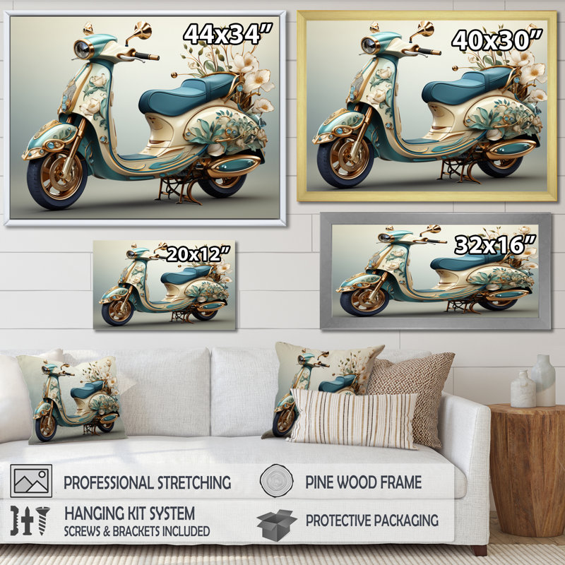 Golden Scooter Luxury Elegance, reproduction sur toile encadrée, H 12 po x l 20 po x P 1 po, Cadre flottant doré