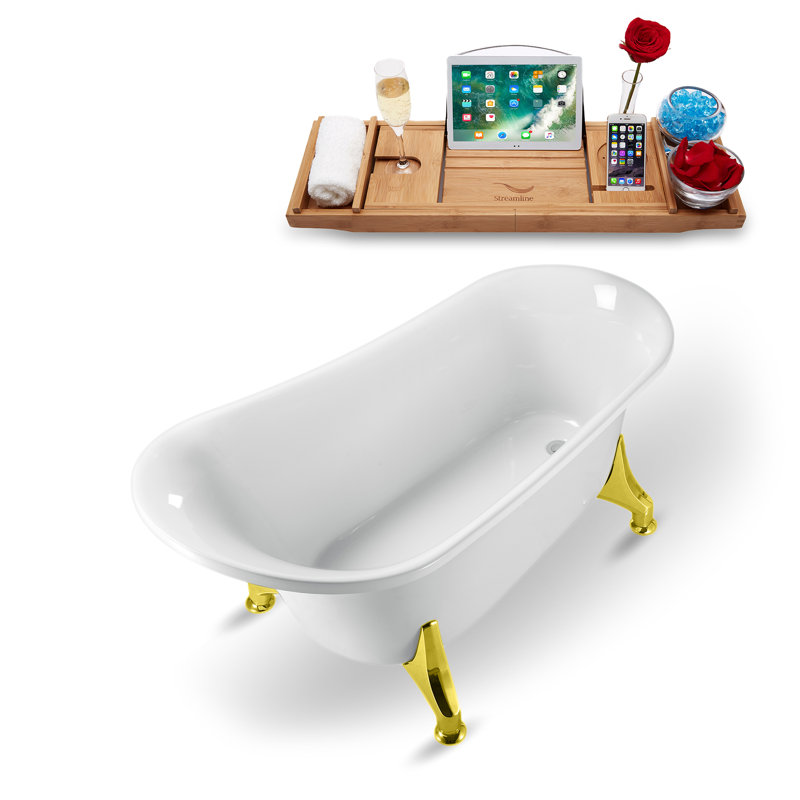Baignoire de trempage sur pieds 59 "avec drain, pattes et plateau en bambou 59" Streamline, Or poli, Chrome poli