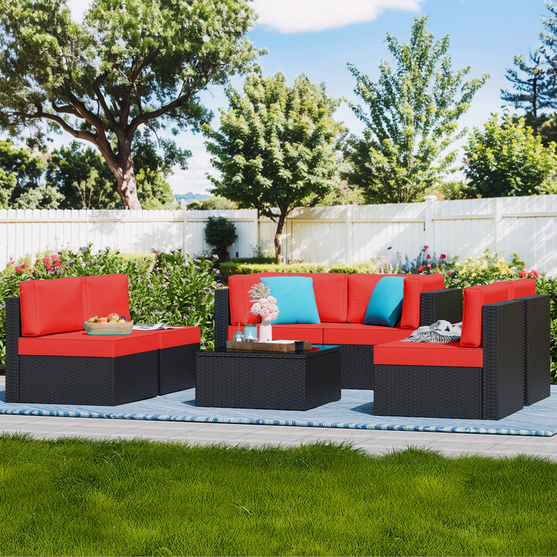 Arleht 7-Piece Wicker / Rattan Outdoor Sectional Seating Group with Cushions, Red