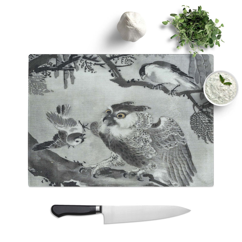 Tempered Glass Birds with an Owl Chopping Board, 39 cm W x 28.5 cm L