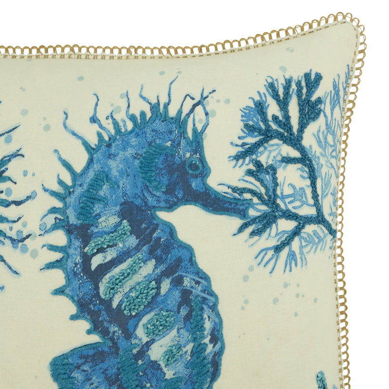 Navy Blue Cotton Sea Horse 20" Square Throw Pillow