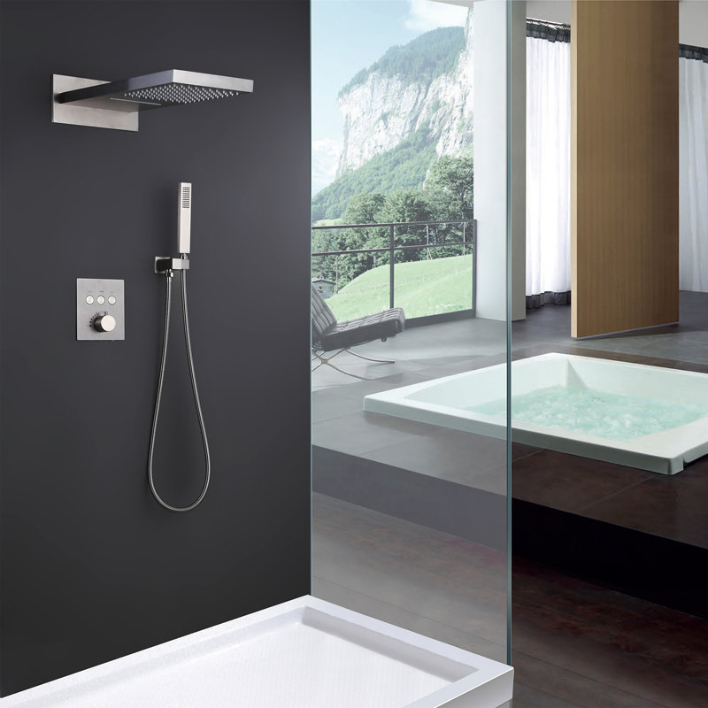 fixhd Luxury Thermostatic Control Rainfall Shower System Button Touch Shower Set with Shower Head, Brushed nickel