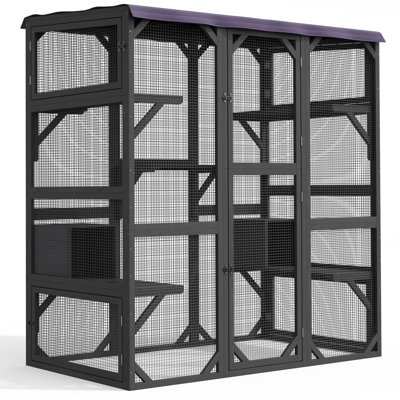 Grande cage de 70 po pour l'extérieur pour chat Catio, maison de chat en bois de sapin massif résistant aux intempéries pour plusieurs chats avec 5 plateformes de repos, 2 condos pour chat et portes verrouillables multi-accès pour la cour arrière