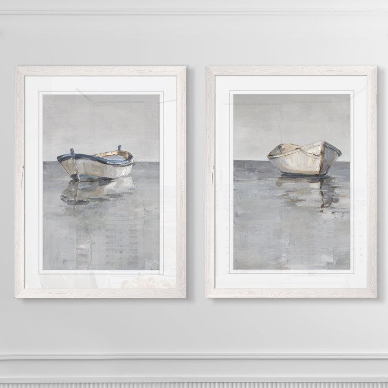 «Boat on the Horizon I», ensemble de 2 reproductions d'art encadrées, H 20 po x l 16 po, Blanc