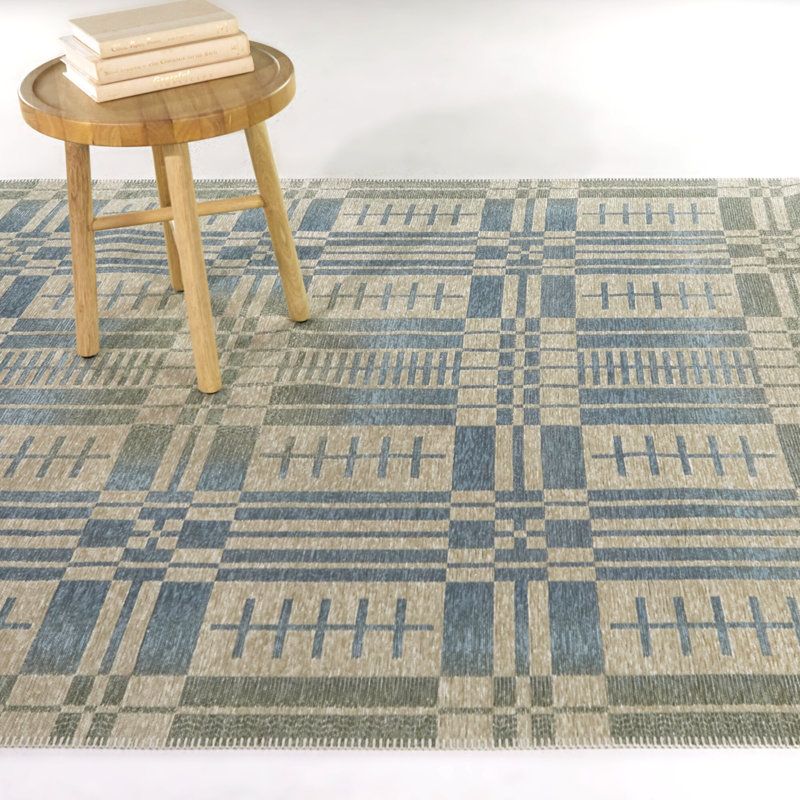 Rectangle géométrique tissé à la machine recyclé P.E.T. Tapis bleu / crème, Rectangle 5 pi 3 po x 7 pi