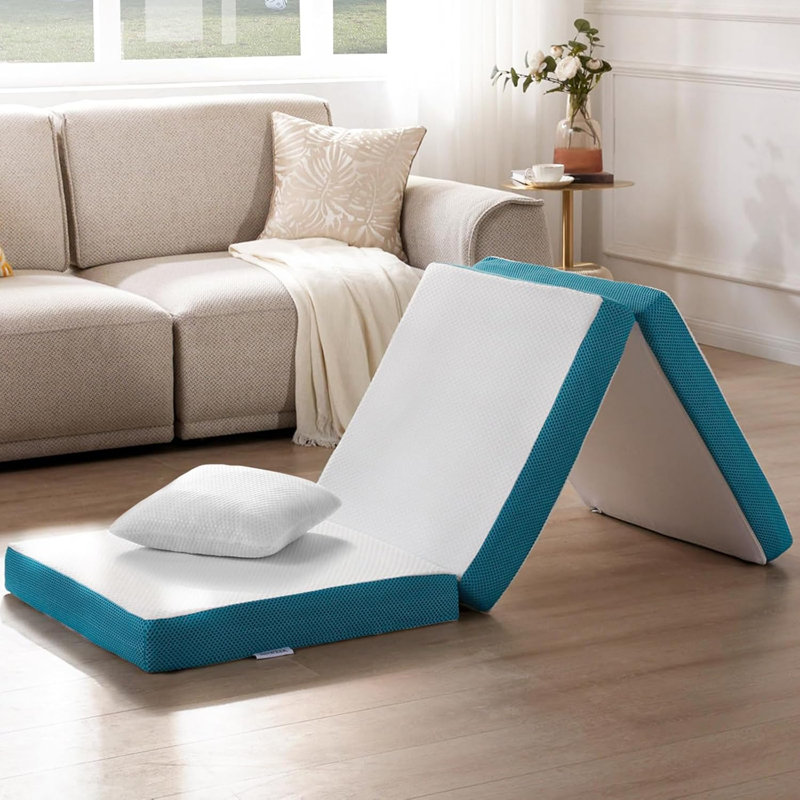 Memory Foam Folding Mattress With Pillow & Storage Bag, Foldable Portable Floor Guest Bed For Camping And Sleeping 4 Inch Single Size
