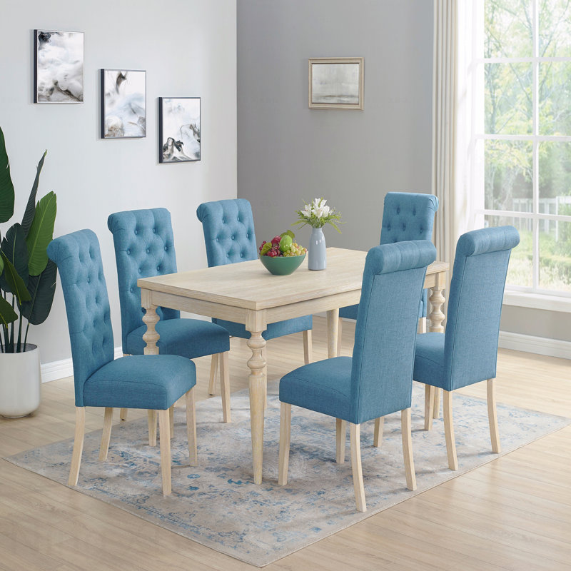 Ensemble de salle à manger 5 pièces: table à pieds tournés et 4 chaises capitonnées, Bleu, 7 pièces : table, 6 chaises
