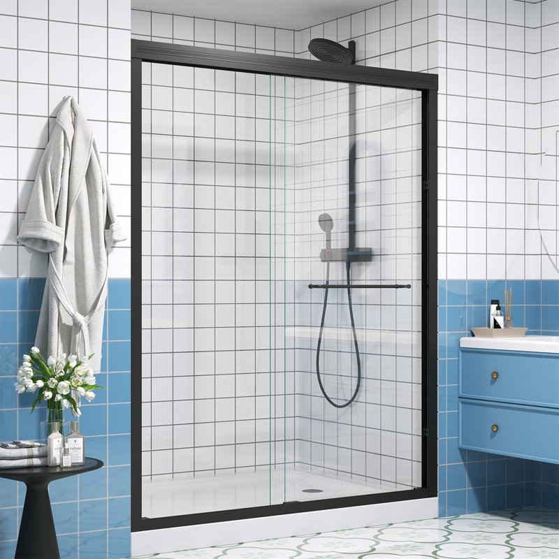 Half Frameless Double Sliding Glass Shower Door, SGCC Certified 1/4 Inch (6Mm) Transparent Tempered Glass, With Safety Explosion-Proof Film, Matte Black Finish 44-48 Inches X 72 Inches
