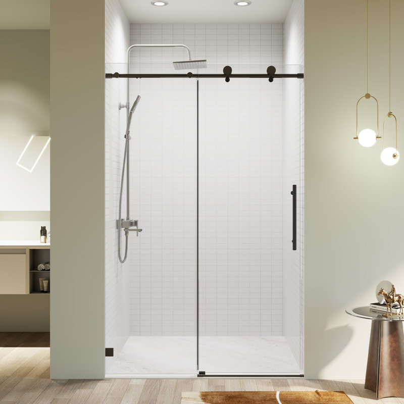 46-48 In W X 76 In H Shower Door, Frameless Single Sliding With Soft-Close 5/16 In Tempered Glass Door Smooth Rollers Stainless Steel Hardware Modern Bathroom Enclosure For Spacious Shower Experience