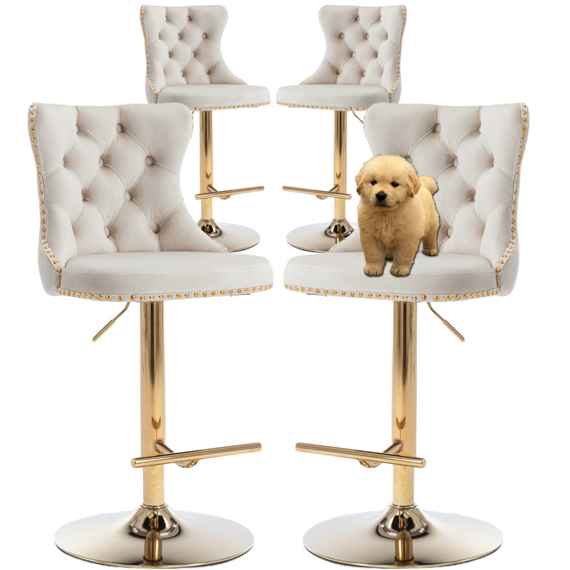 Ensemble de 4 tabourets de bar pivotants en velours capitonné, Beige
