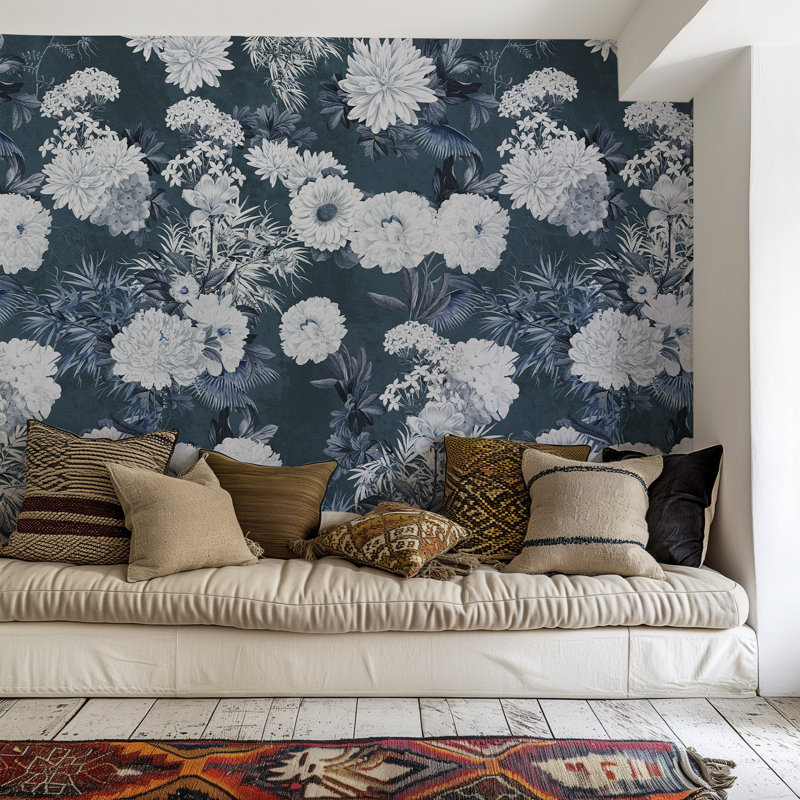 Luxury Floral Japandi Wallpaper, Navy