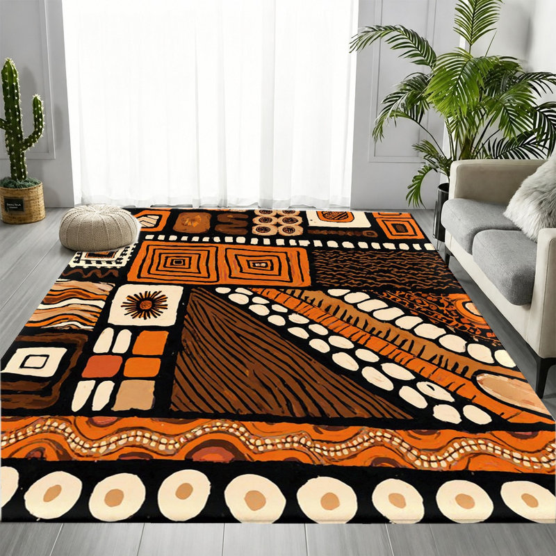Tapis abstrait Boho Vivid Orange Black Brown, Rectangle 5 pi 3 po x 3 pi 3 po (160 x 100 cm)