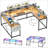 U Shaped Computer Gaming Desk with Power Outlets & LED Lights, Monitor Stand,Reversible L Shaped Desk Large Corner Desk with Storage Shelves for Home Office-114286272