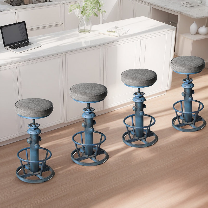 American Antique Steampunk Decor Vintage Industrial Bar Stool Retro Stylish Fire Hydrant Design Adjustable Swivel Cafe Coffee Pub Kitchen Counter Stools Round Bottom (BLUE, Pu Seat)