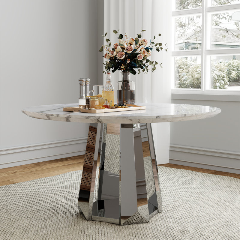Table de salle à manger ronde 47 po avec plateau en faux marbre et base en métal, Argent argent, Blanc