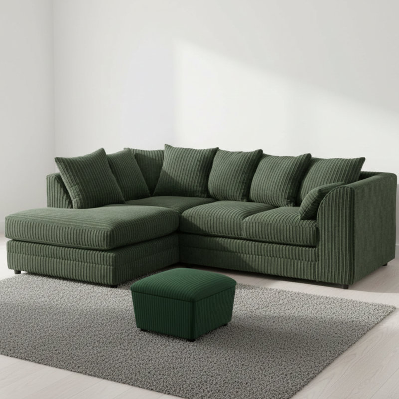Jumbo Cord Upholstered Corner Sofa Small Back Cushion with Foot Stool , Brown, Left Hand Facing