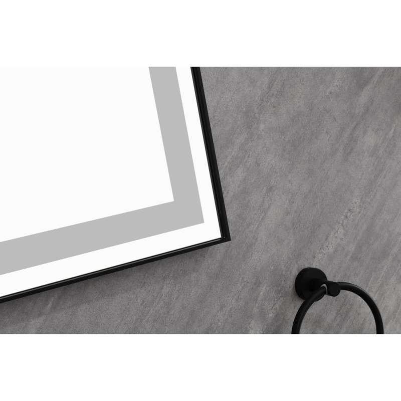 Miroir de salle de bain 72 po x 48 po à DEL, fixation murale, brouillard, 3 options de couleur, réglage en continu, cadre en aluminium, lumières montées en noir mat, intensité variable, style