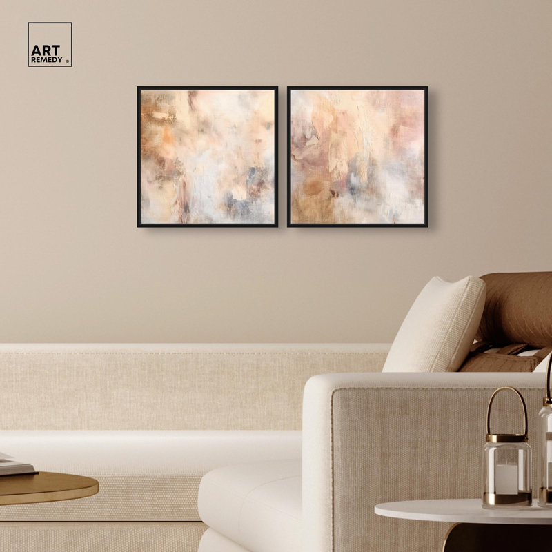 Smeared Codex Duet Canvas Print Neutral Wall Decor Set by Art Remedy, Black Frame, 12 x 12, H 17 po x l 17 po, Black Frame