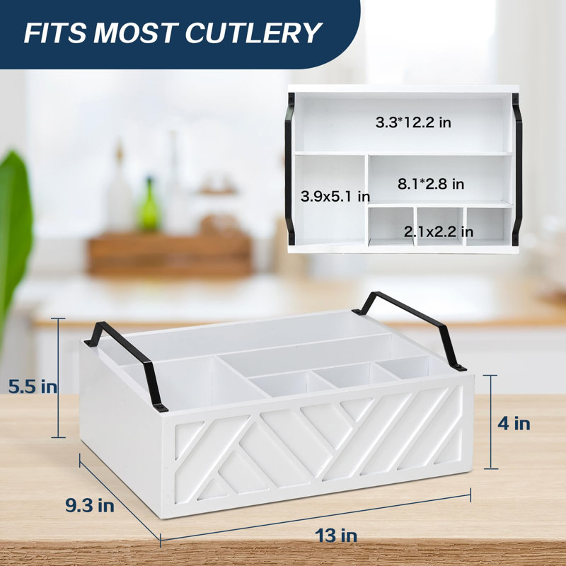 Distributeur d'assiettes en papier, support d'assiettes en papier pour comptoir de cuisine, plateau à ustensiles en bois rustique et argenterie, boîte à couverts pour couverts (blanc)