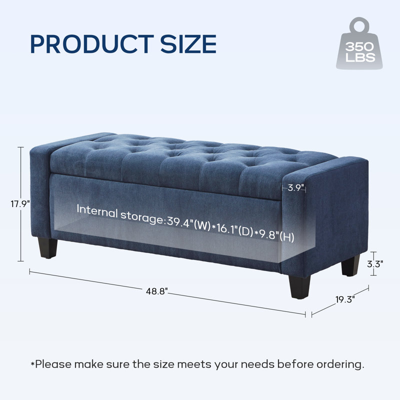 Dark Blue Upholstered Storage Ottoman Bench with Solid Wood Legs