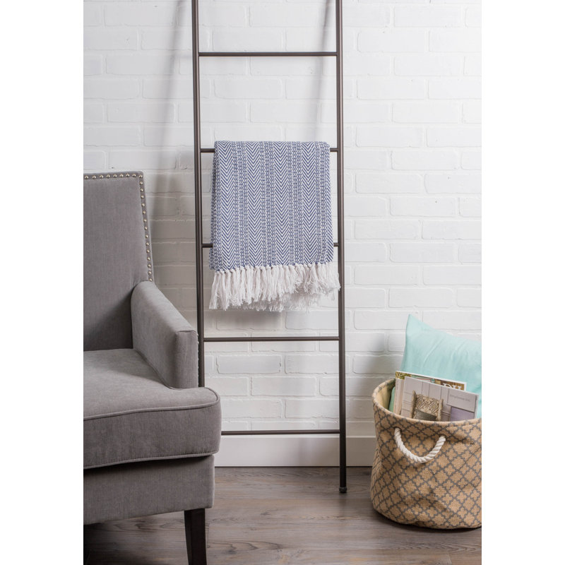 Nautical Blue Herringbone Cotton Throw Blanket with Fringe
