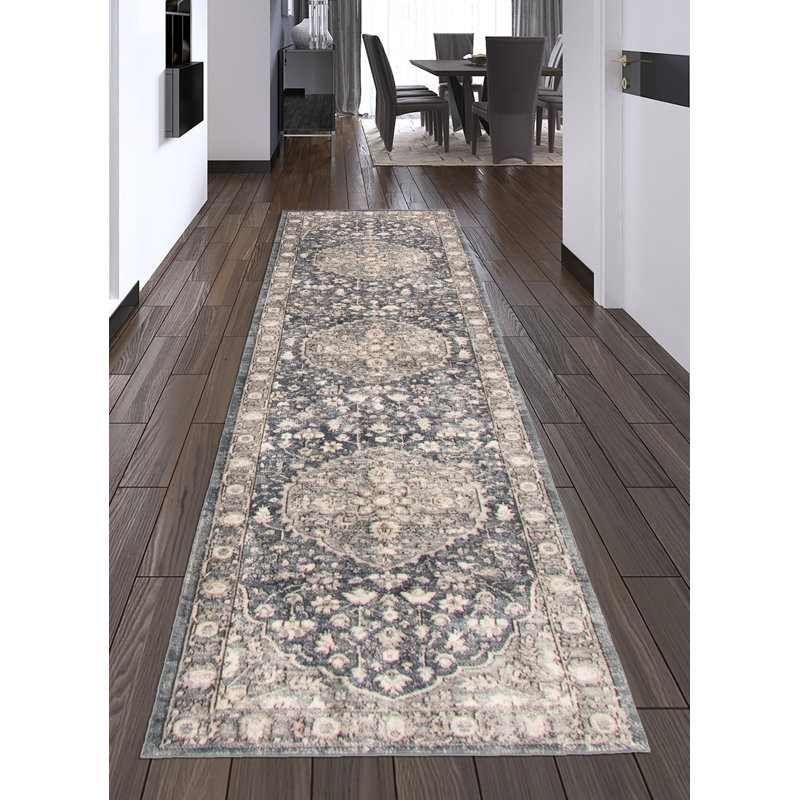 Tapis ivoire / gris / bleu clair Tabriz, Tapis de couloir 2 pi 7 po x 8 pi 2 po