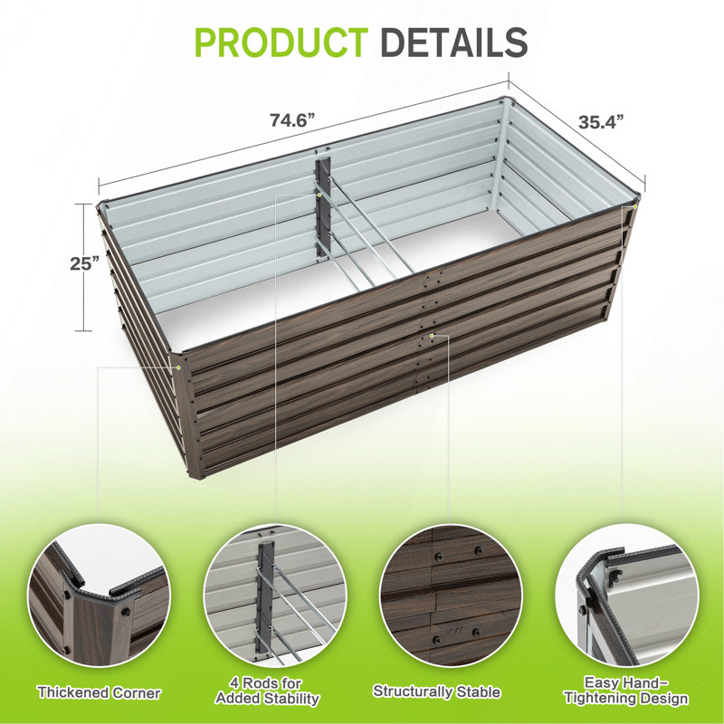 Ensemble de 2 jardin surélevé de 74,6 po x 35,4 po x 25 po, jardinière surélevée en métal, base de drainage ouverte, 8 tiges de renforcement, acier antirouille avec bordure sécuritaire - Assemblage facile pour les légumes, les fleurs et les herbes