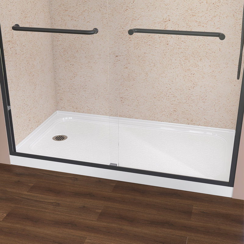 60 po X 32 po Base de douche en acrylique à seuil simple en acrylique avec plateau central et drain central en blanc, Gauche
