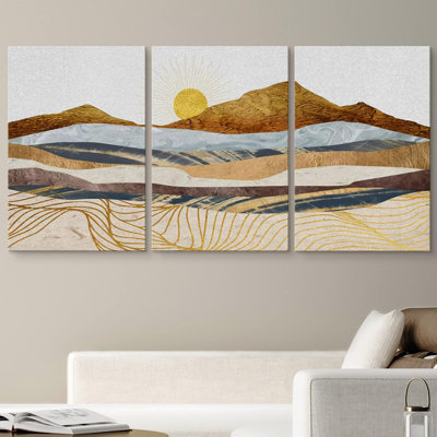 Vague dorée géométrique, chaîne de montagnes, nature, art moderne, paysage zen sur toile, impression de 3 pièces