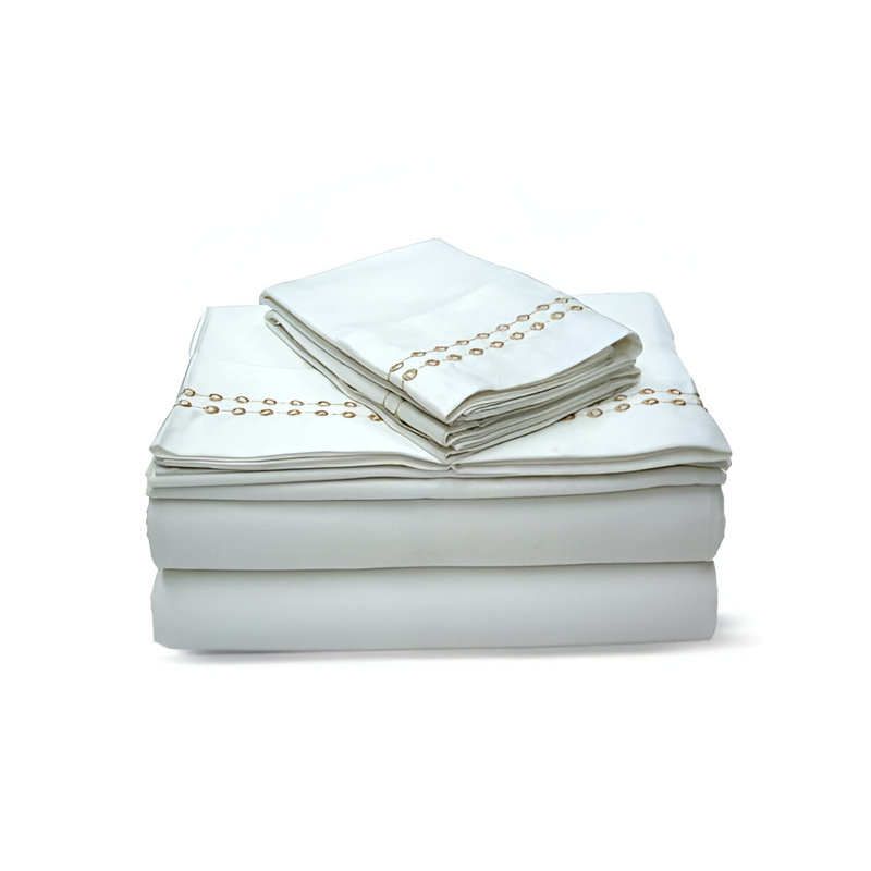 400TC Sateen Solid Cotton Dot Embroidered Cotton 4 Piece Sheet Set Fitted Sheet Fits Upto 16" Deep Pocket, Taupe Border