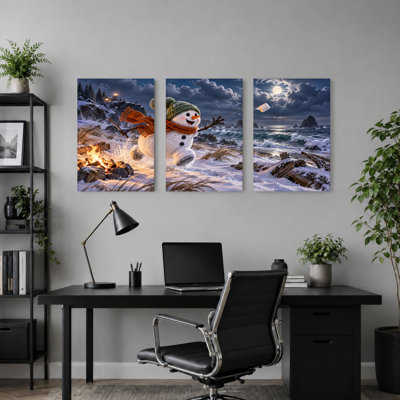 " Snowman Throwing Marshmallow on Snowy Christmas " 3 Piece Art