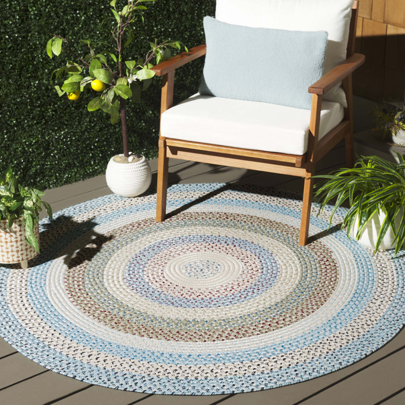 Braided 322 Area Indoor/Outdoor Area Rug In Beige / Light Blue, Round 5'