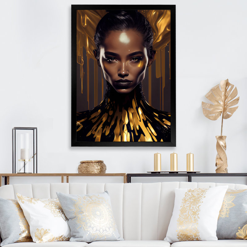 Sensual, liquide, or, femme, III - Impression sur toile, H 20 po x l 12 po x P 1 po, Cadre photo noir