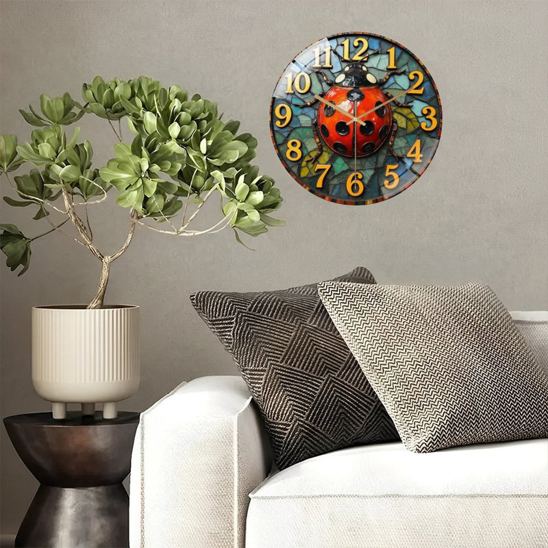 Ladybug Design Wall Clock with Colorful Stained Glass Art - 12'' Modern Glass Wall Clock