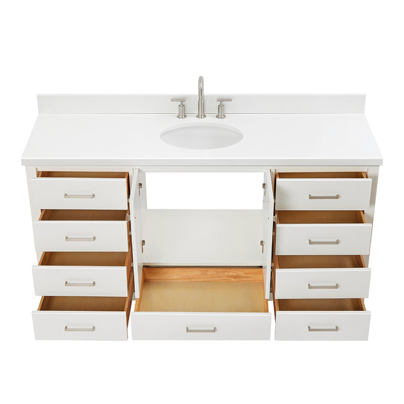 Meuble-lavabo sur pied simple 67 po avec comptoir en quartz Cambridge, Blanc