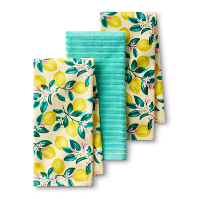 DRAPER JAMES Lemon Blossom Kitchen Towel 3-Pack Set, Absorbent 100% Cotton, Yellow/Green, 17"x28"